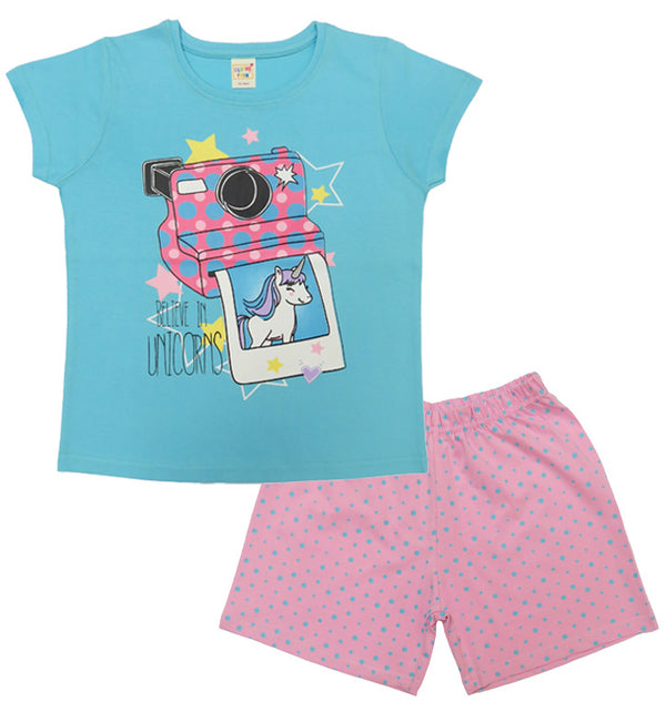 Clothe Funn Girls Cotton Nightwear Set, Sky Blue & Baby Pink