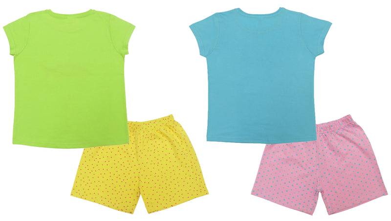 Clothe Funn Girls Co_ord Set, Short Set,T.Blue/Pink Dotted & Neon Green & Yellow(Pack of 2 Set)