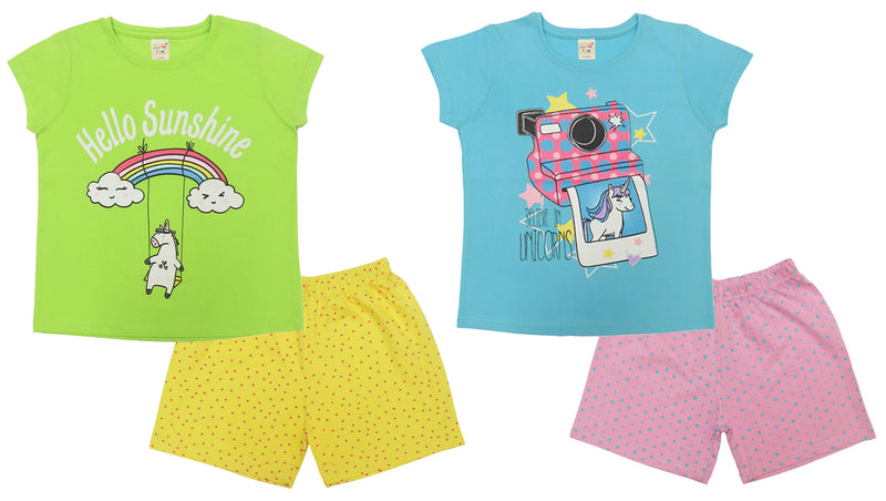 Clothe Funn Girls Co_ord Set, Short Set,T.Blue/Pink Dotted & Neon Green & Yellow(Pack of 2 Set)