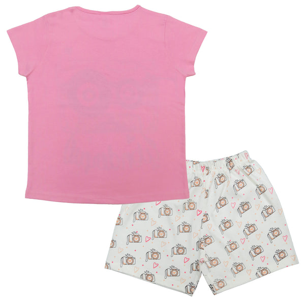 Clothe Funn Girls Cotton Nightwear set, Pink & Off White