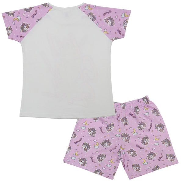 Clothe Funn Girls Cotton Nightwear set, White & Purple AOP