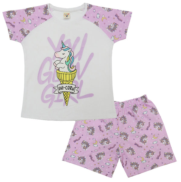 Clothe Funn Girls Cotton Nightwear set, White & Purple AOP