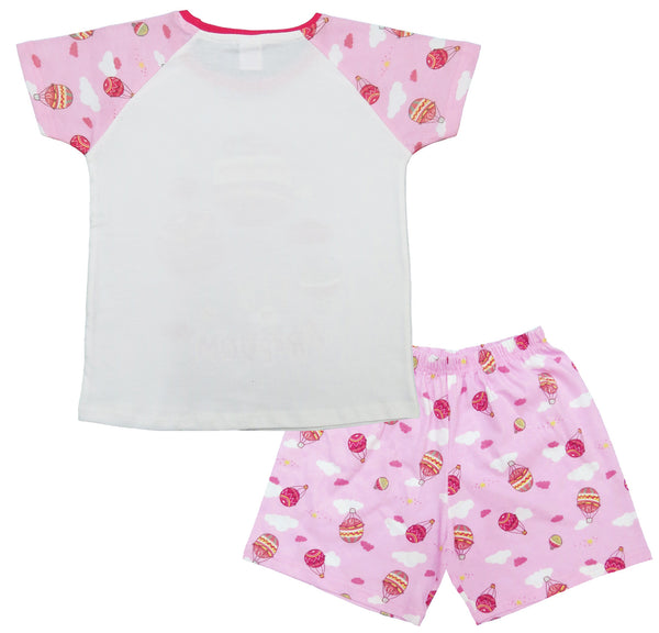 Clothe Funn Girls Cotton Nightwear set, White & Pink AOP