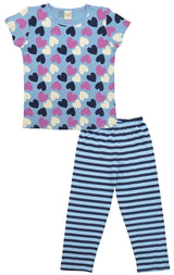 Clothe Funn Girls Cotton Nightwear Set, Coordinate Set, Blue Heart/Blue