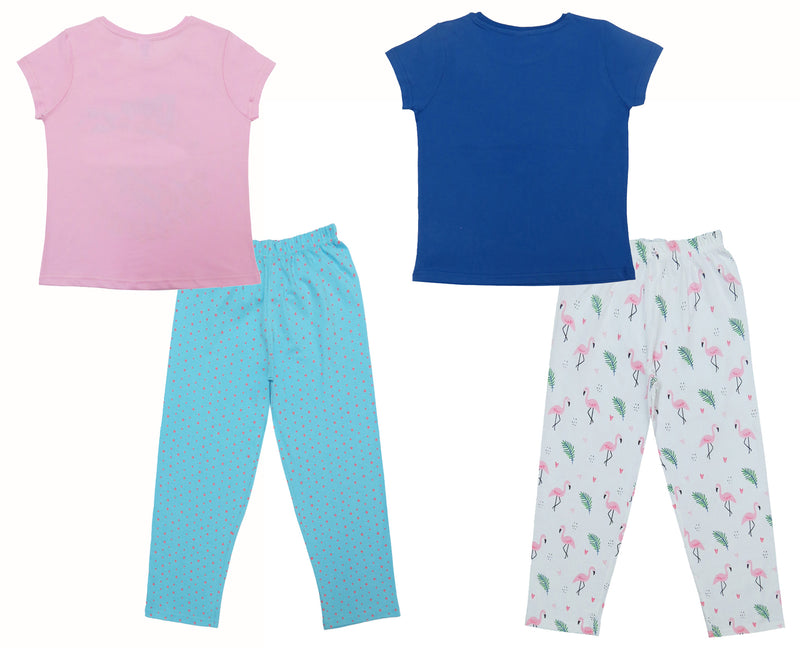 Clothe Funn Girls Nightwear Set, Baby Pink/T.Blue & Royal Blue/White (Pack of 2 Set)