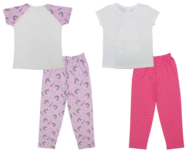 Clothe Funn Girls Nightwear Set, Off White/D.Pink & White & Purple AOP (Pack of 2 Set)