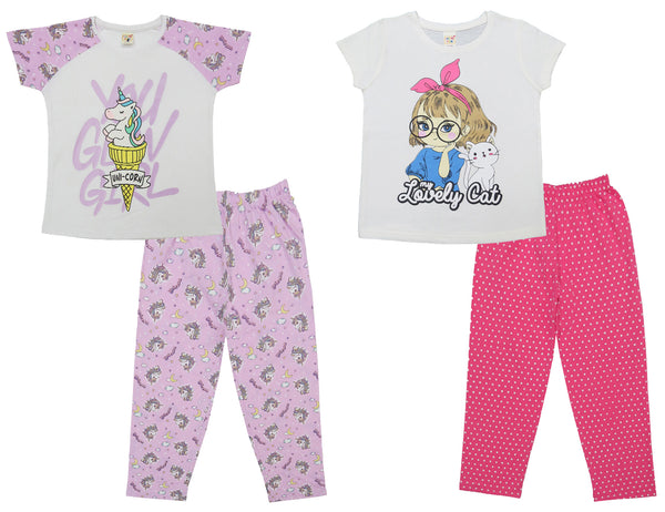 Clothe Funn Girls Nightwear Set, Off White/D.Pink & White & Purple AOP (Pack of 2 Set)