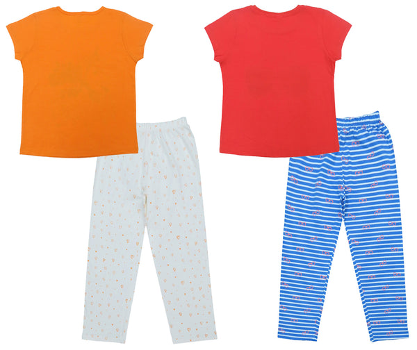 Clothe Funn Girls Nightwear Set, Orange/Off white & Coral/White (Pack of 2 Set)