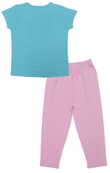 Clothe Funn Girls Printed Cotton Half Sleeves T-Shirt & Full Pant Nightwear Set, Sky Blue & Baby Pink