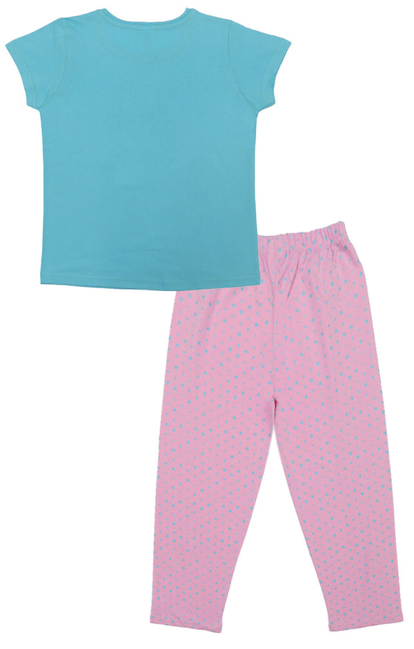 Clothe Funn Girls Printed Cotton Half Sleeves T-Shirt & Full Pant Nightwear Set, Sky Blue & Baby Pink