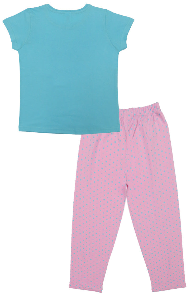 Clothe Funn Girls Printed Cotton Half Sleeves T-Shirt & Full Pant Nightwear Set, Sky Blue & Baby Pink