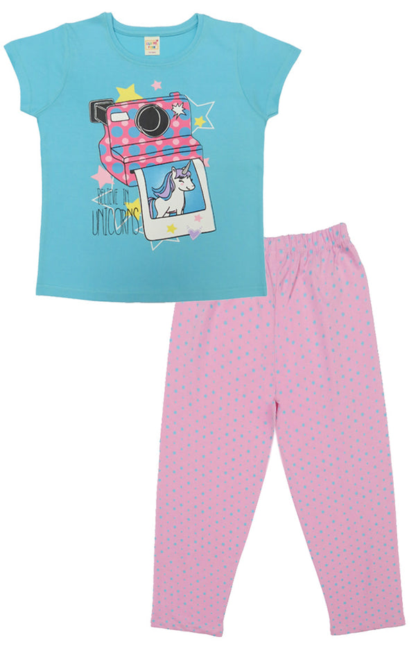 Clothe Funn Girls Printed Cotton Half Sleeves T-Shirt & Full Pant Nightwear Set, Sky Blue & Baby Pink
