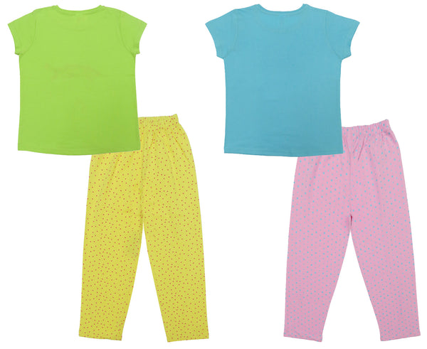 Clothe Funn Girls Nightwear Set, T.Blue/Pink Dotted & Neon Green & Yellow(Pack of 2 Set)