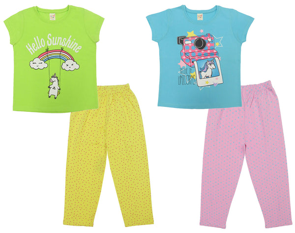 Clothe Funn Girls Nightwear Set, T.Blue/Pink Dotted & Neon Green & Yellow(Pack of 2 Set)