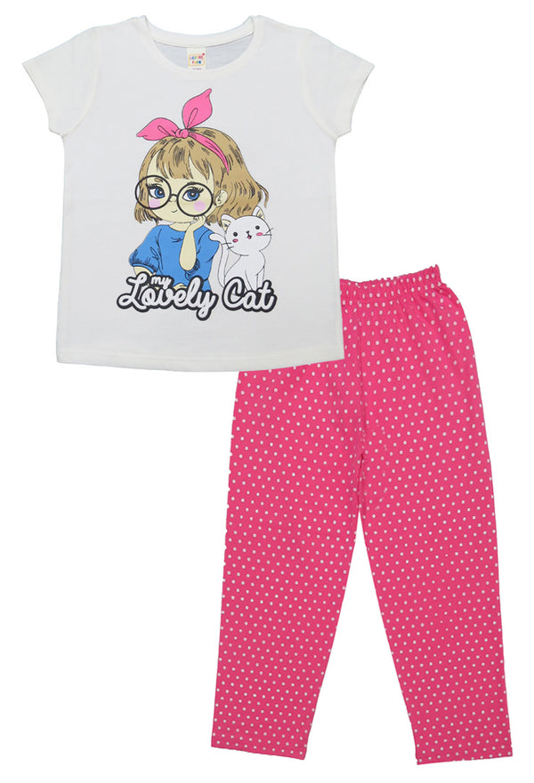 Clothe Funn Girls Printed Cotton Half Sleeves T-Shirt & Full Pant Nightwear Set, Off White & Pink