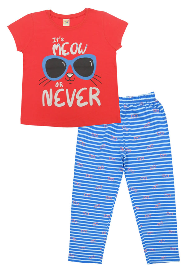 Clothe Funn Girls Printed Cotton Half Sleeves T-Shirt & Full Pant Nightwear Set, Coral & Sky