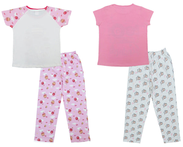 Clothe Funn Girls Nightwear Set, Pink/Off white & White/Pink AOP (Pack of 2 Set)