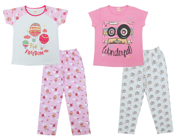 Clothe Funn Girls Nightwear Set, Pink/Off white & White/Pink AOP (Pack of 2 Set)