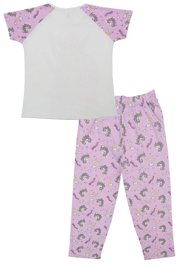 Clothe Funn Girls Printed Cotton Half Sleeves T-Shirt & Full Pant Nightwear Set, White & Purple AOP