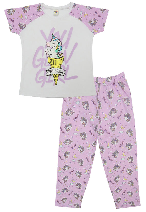 Clothe Funn Girls Printed Cotton Half Sleeves T-Shirt & Full Pant Nightwear Set, White & Purple AOP