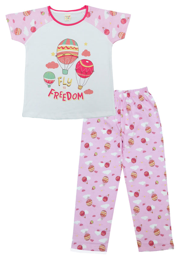 Clothe Funn Girls Printed Cotton Half Sleeves T-Shirt & Full Pant Nightwear Set, White & Pink AOP