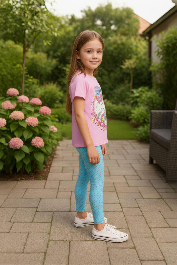 Clothe Funn Girls Printed Cotton Half Sleeves T-Shirt & Full Pant Nightwear Set, Baby Pink & T.Blue