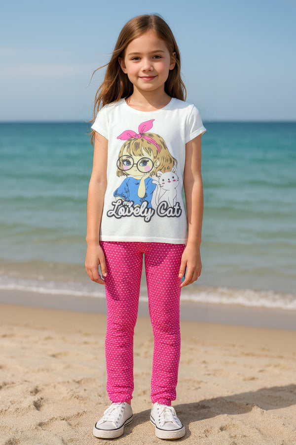 Clothe Funn Girls Printed Cotton Half Sleeves T-Shirt & Full Pant Nightwear Set, Off White & Pink