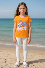 Clothe Funn Girls Printed Cotton Half Sleeves T-Shirt & Full Pant Nightwear Set, Orange & Off White