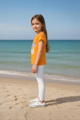 Clothe Funn Girls Printed Cotton Half Sleeves T-Shirt & Full Pant Nightwear Set, Orange & Off White