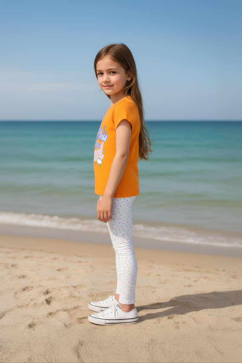 Clothe Funn Girls Printed Cotton Half Sleeves T-Shirt & Full Pant Nightwear Set, Orange & Off White