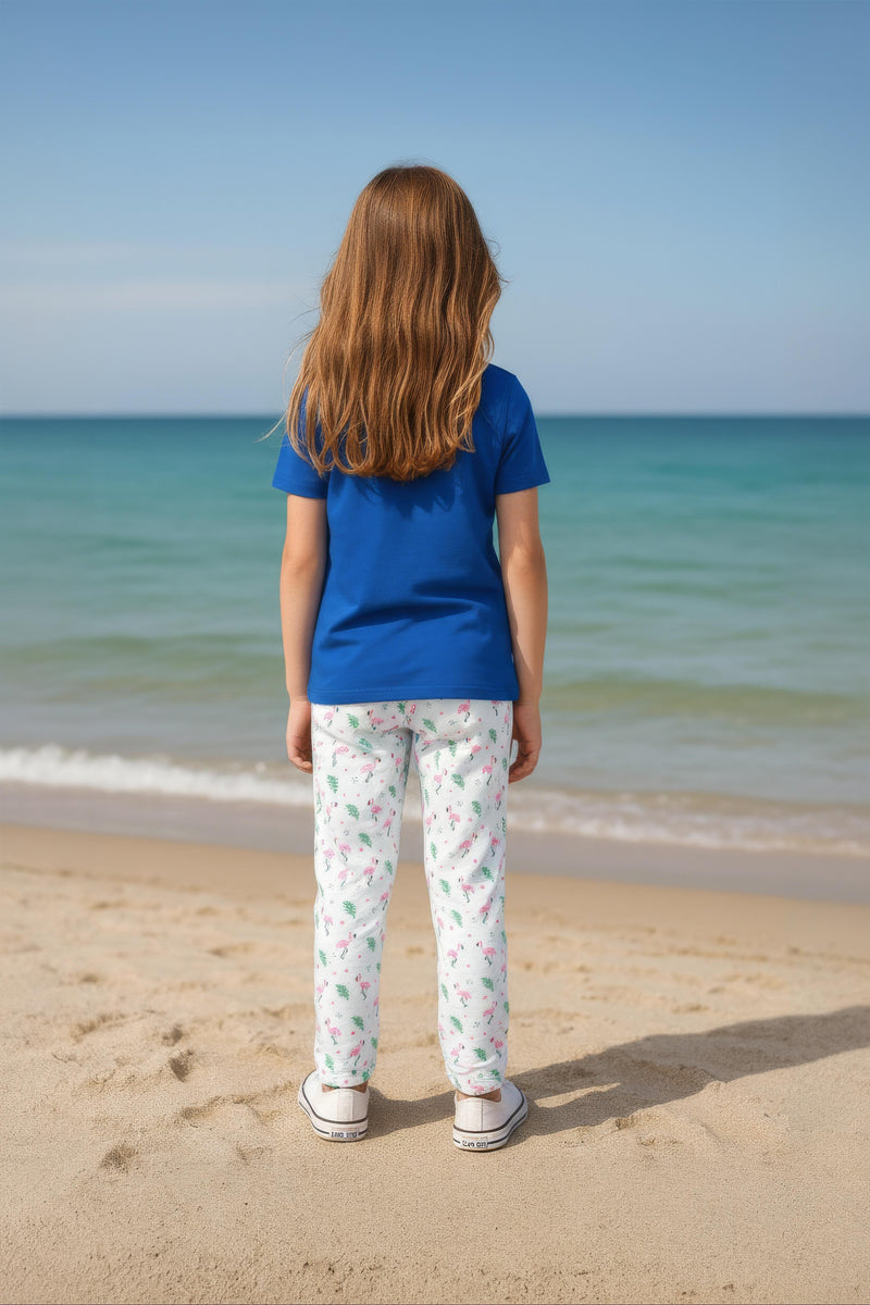 Clothe Funn Girls Printed Cotton Half Sleeves T-Shirt & Full Pant Nightwear Set, Royal Blue & White