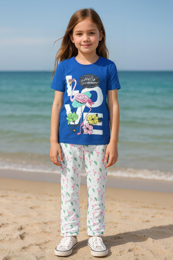Clothe Funn Girls Printed Cotton Half Sleeves T-Shirt & Full Pant Nightwear Set, Royal Blue & White