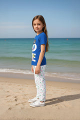 Clothe Funn Girls Printed Cotton Half Sleeves T-Shirt & Full Pant Nightwear Set, Royal Blue & White