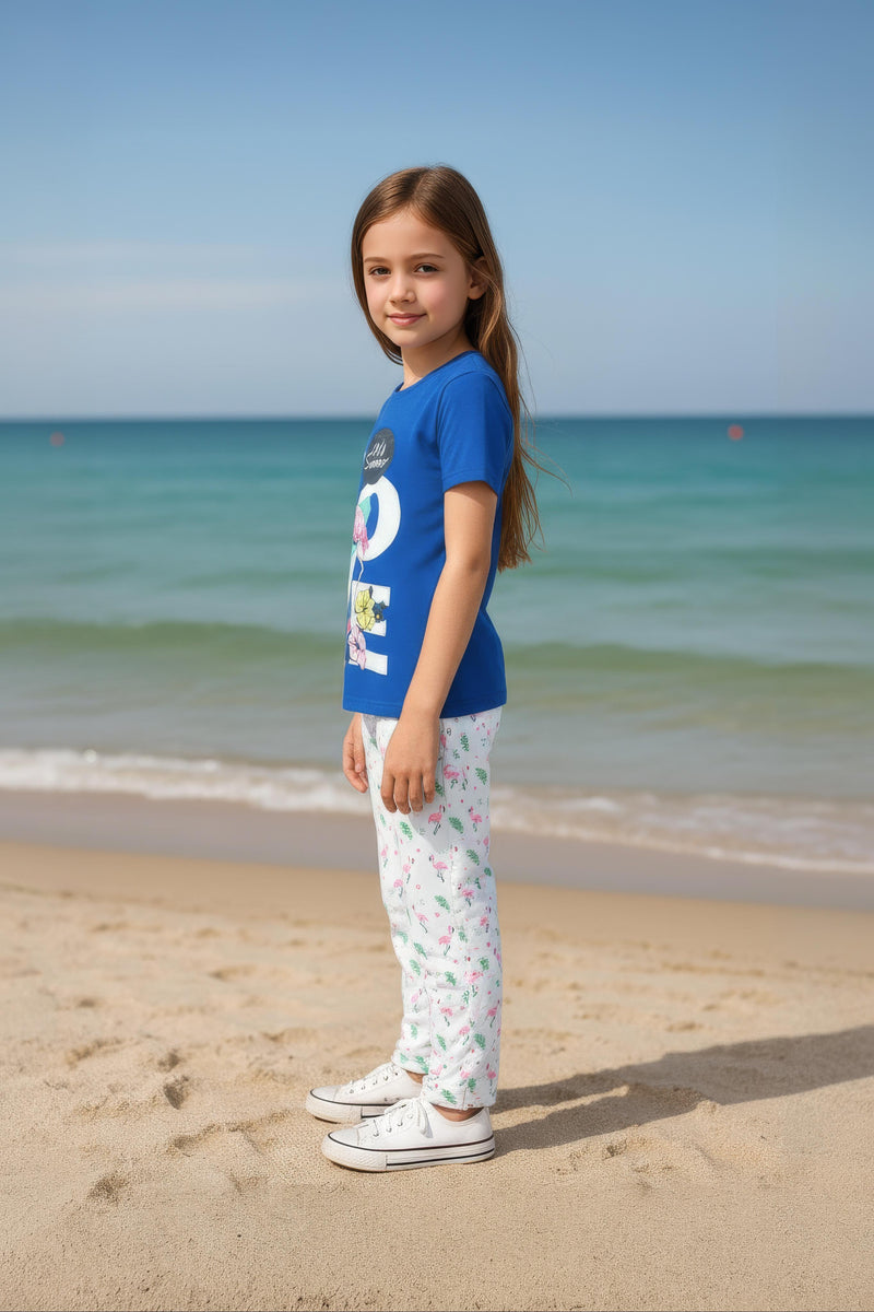 Clothe Funn Girls Printed Cotton Half Sleeves T-Shirt & Full Pant Nightwear Set, Royal Blue & White