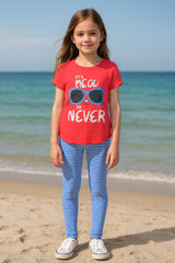 Clothe Funn Girls Printed Cotton Half Sleeves T-Shirt & Full Pant Nightwear Set, Coral & Sky
