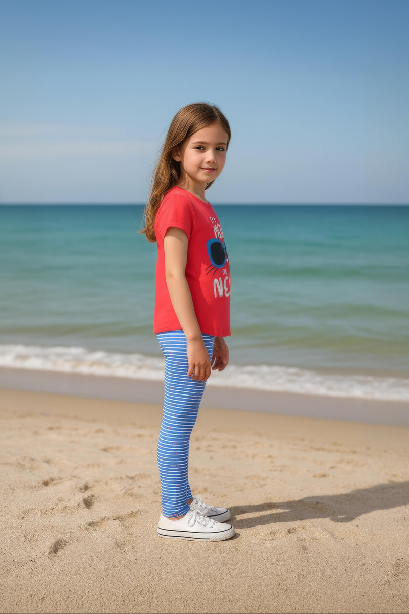 Clothe Funn Girls Printed Cotton Half Sleeves T-Shirt & Full Pant Nightwear Set, Coral & Sky