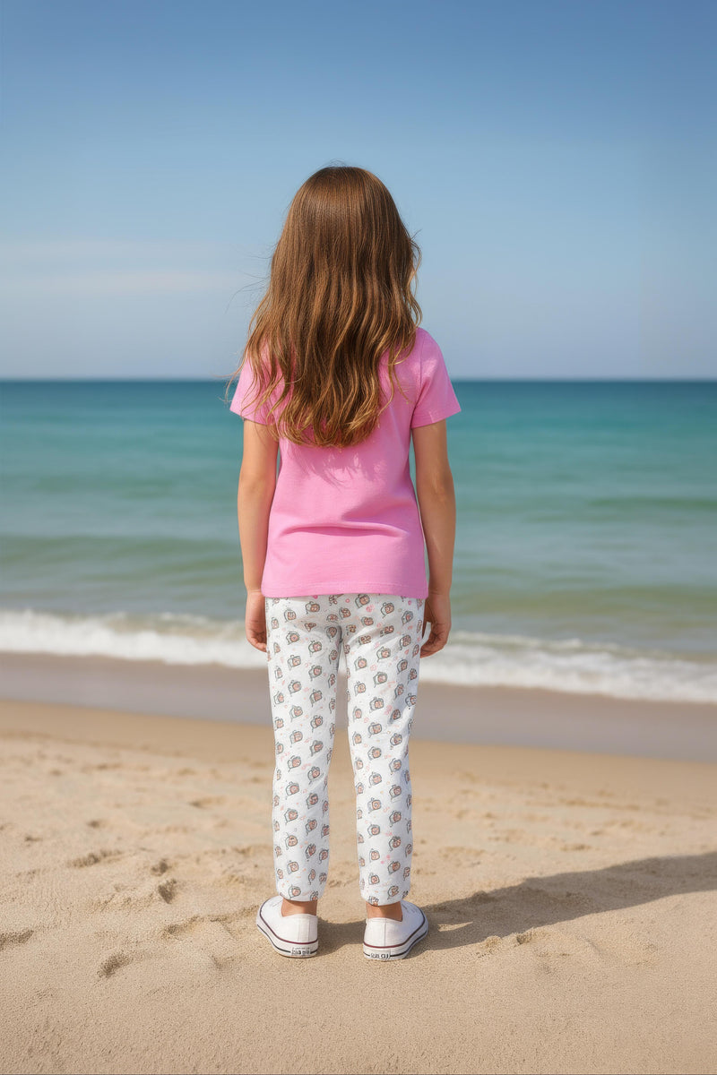 Clothe Funn Girls Printed Cotton Half Sleeves T-Shirt & Full Pant Nightwear Set, Pink & Off White