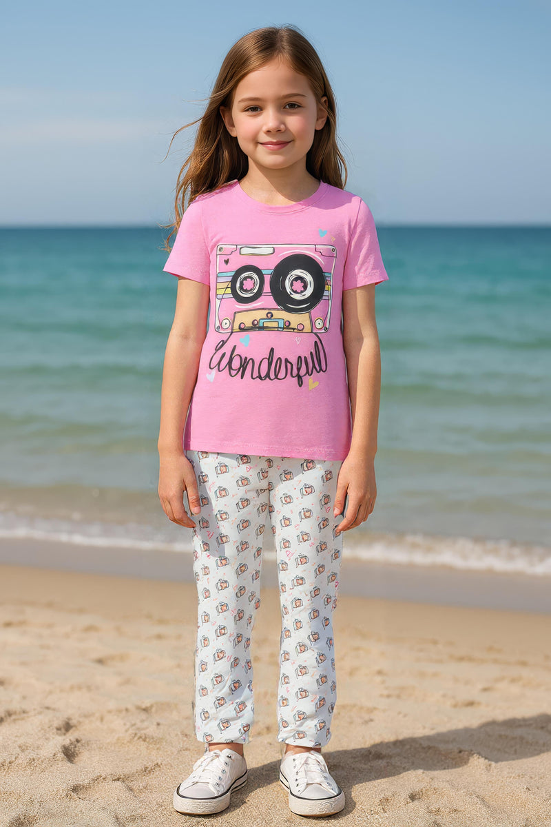 Clothe Funn Girls Printed Cotton Half Sleeves T-Shirt & Full Pant Nightwear Set, Pink & Off White
