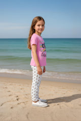Clothe Funn Girls Printed Cotton Half Sleeves T-Shirt & Full Pant Nightwear Set, Pink & Off White
