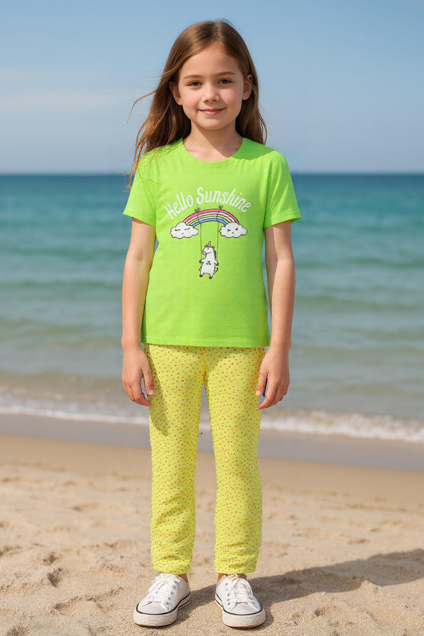 Clothe Funn Girls Printed Cotton Half Sleeves T-Shirt & Full Pant Nightwear Set, Neon Green & Yellow