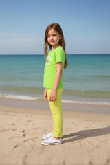 Clothe Funn Girls Printed Cotton Half Sleeves T-Shirt & Full Pant Nightwear Set, Neon Green & Yellow