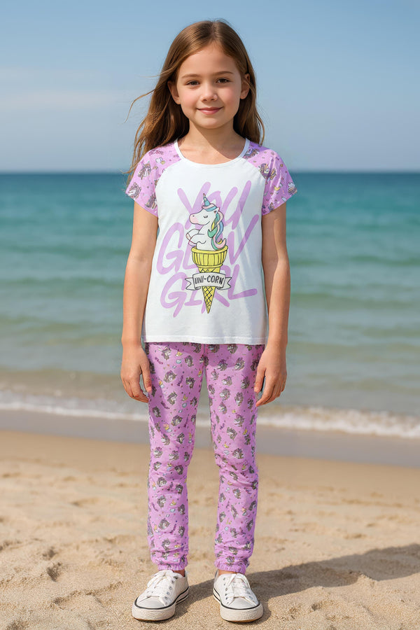 Clothe Funn Girls Printed Cotton Half Sleeves T-Shirt & Full Pant Nightwear Set, White & Purple AOP