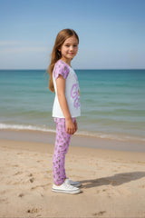 Clothe Funn Girls Printed Cotton Half Sleeves T-Shirt & Full Pant Nightwear Set, White & Purple AOP