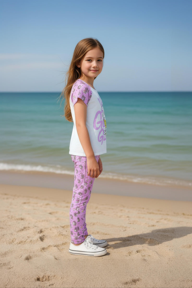 Clothe Funn Girls Printed Cotton Half Sleeves T-Shirt & Full Pant Nightwear Set, White & Purple AOP