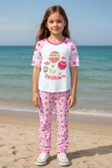 Clothe Funn Girls Printed Cotton Half Sleeves T-Shirt & Full Pant Nightwear Set, White & Pink AOP