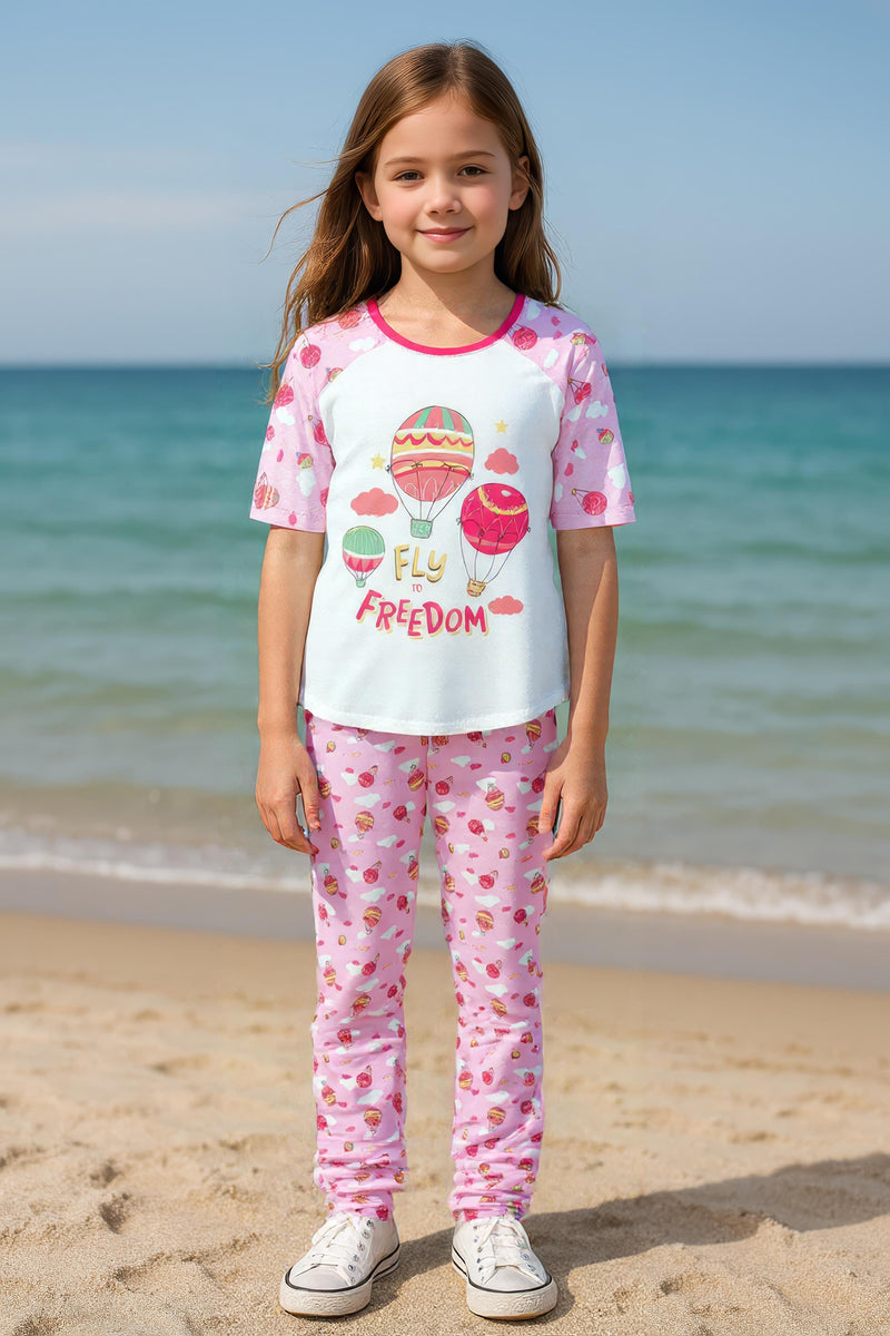 Clothe Funn Girls Printed Cotton Half Sleeves T-Shirt & Full Pant Nightwear Set, White & Pink AOP
