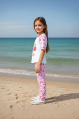 Clothe Funn Girls Printed Cotton Half Sleeves T-Shirt & Full Pant Nightwear Set, White & Pink AOP