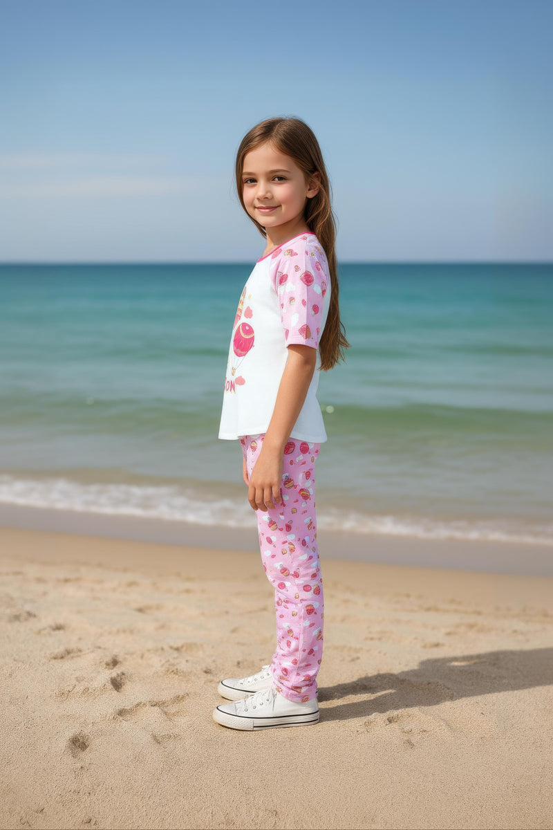 Clothe Funn Girls Printed Cotton Half Sleeves T-Shirt & Full Pant Nightwear Set, White & Pink AOP
