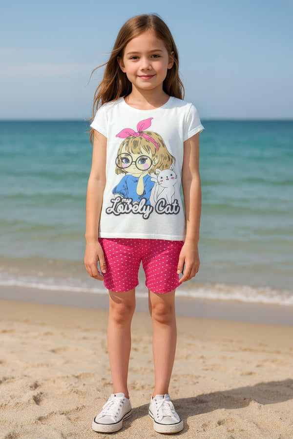 Clothe Funn Girls Co-Ordinate Set, Short Set, Off White/D.Pink & White & Purple AOP (Pack of 2 Set)