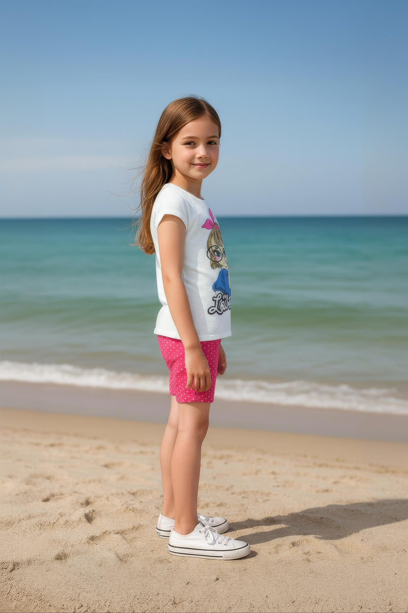 Clothe Funn Girls Cotton Nightwear Set, Off White & Pink